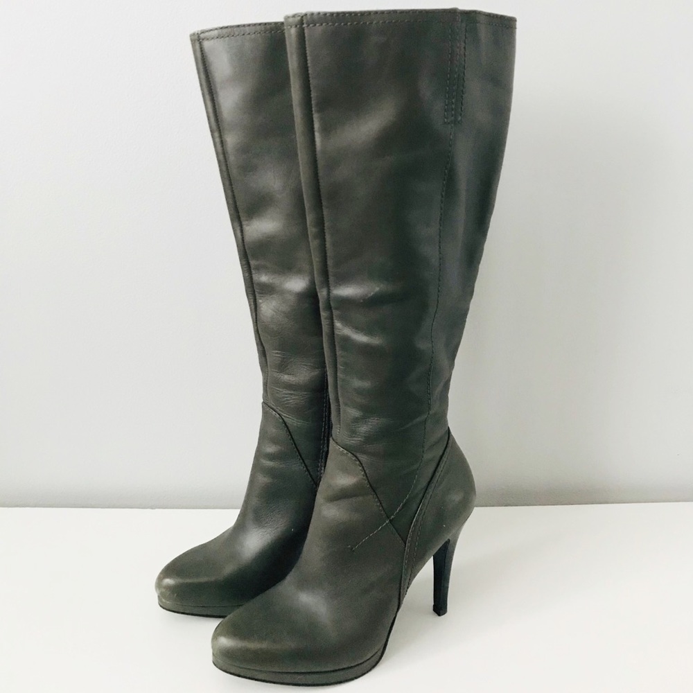 Grey Knee High Heeled Boots